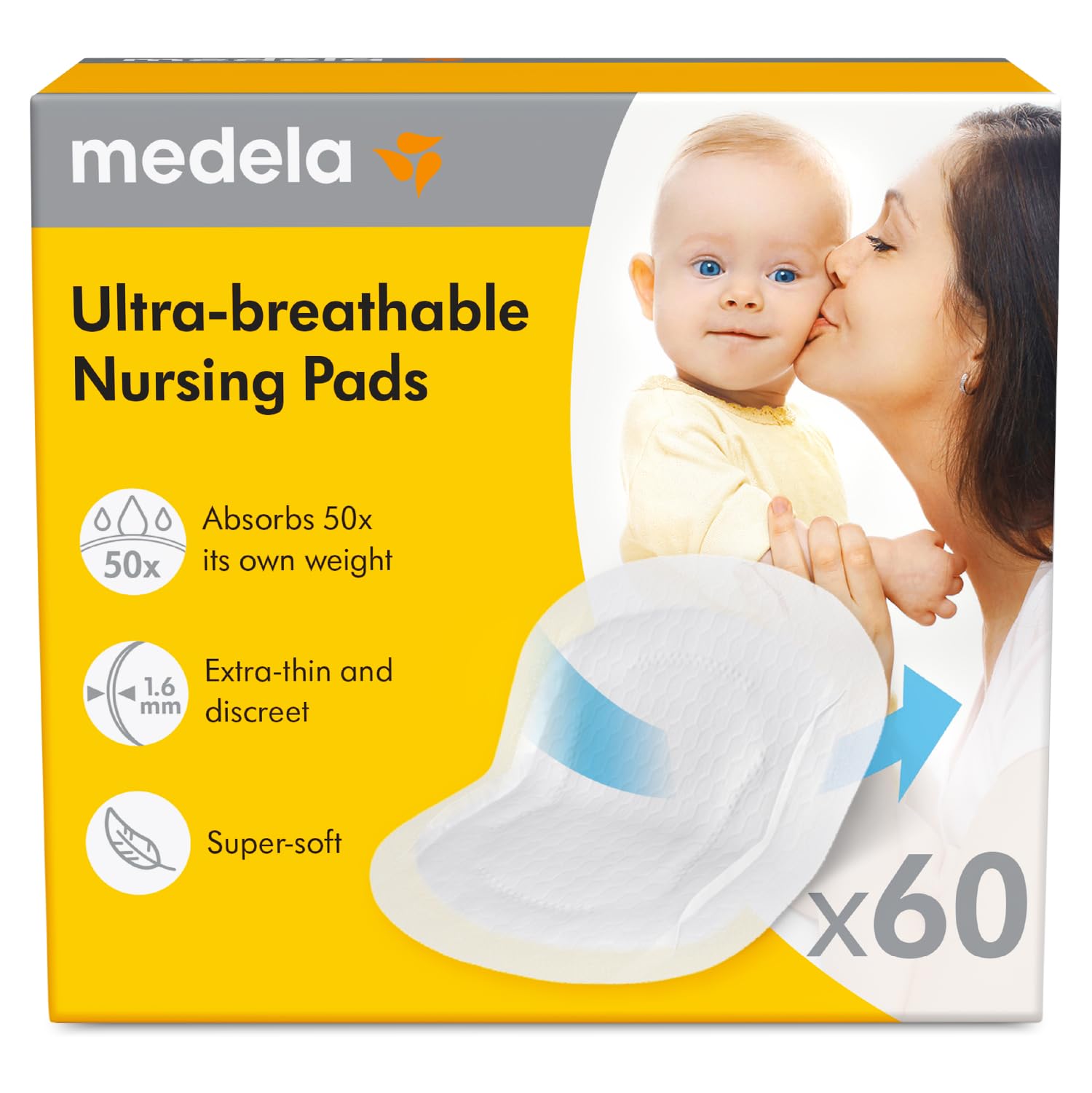 Medela Ultra-Breathable Nursing Pads, Highly Absorbent, Discreet Design for Comfortable Wear, Pack of 60