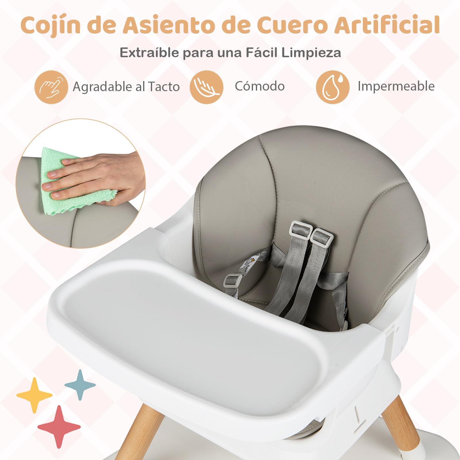 COSTWAY Trona Bebé 9 en 1, Trona Evolutiva con Bandeja Extraíble Apta para Lavavajillas, Patas de Madera, Cinturón de Seguridad de 5 Puntos y Cojín de Asiento, Silla Alta Convertible (Gris Claro)