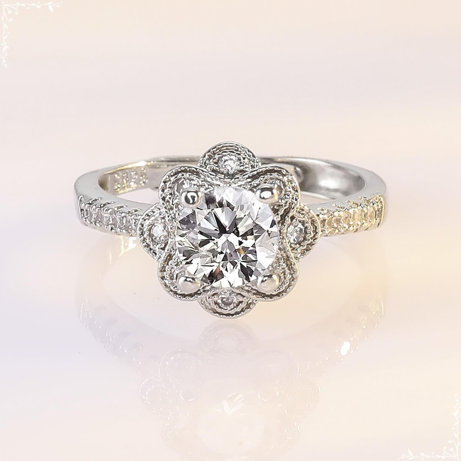 Wycian Anillos con nombre personalizado, chapado en oro blanco de 14 quilates, flor de moissanita con circonita cúbica, tamaño H 1/2, simple para mujer, joyería de cumpleaños