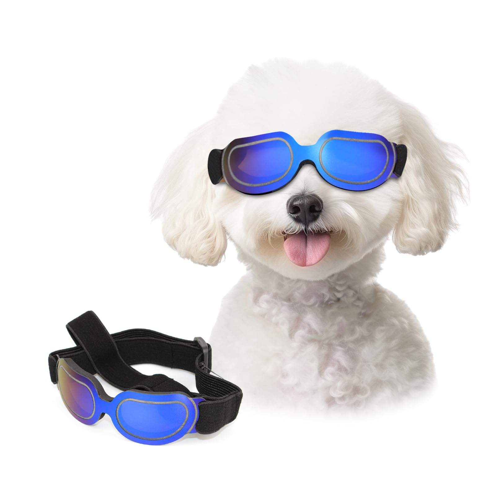 ENJOYING Dog Goggles Small Dog Sunglasses UV Protection Big Cat Glasses Fog/Windproof Outdoor Doggy Eye Protective with Adjustable Band for Small Dogs, Blue