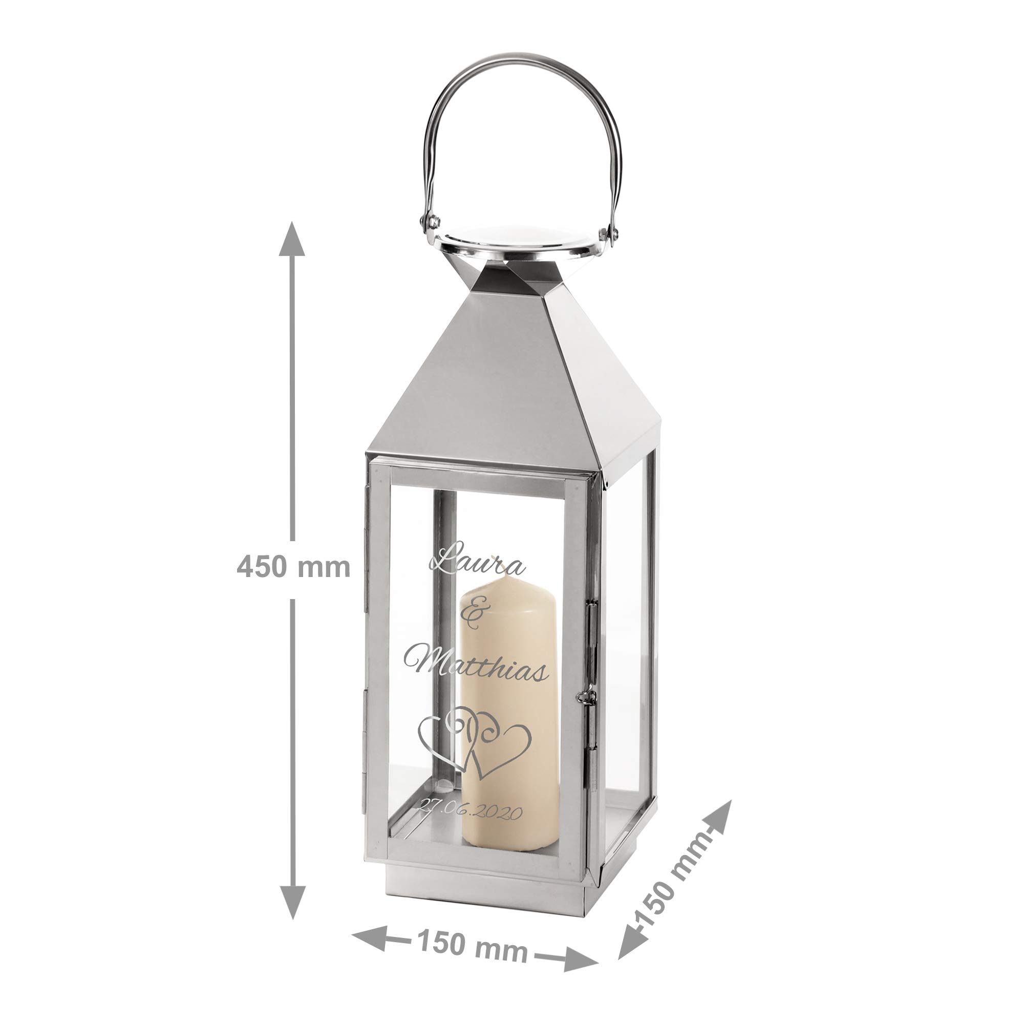 Casa Vivente Laterne aus Edelstahl mit Gravur zur Hochzeit, Personalisiert mit Namen und Datum, Motiv Herzen, Geschenkidee für Paare
