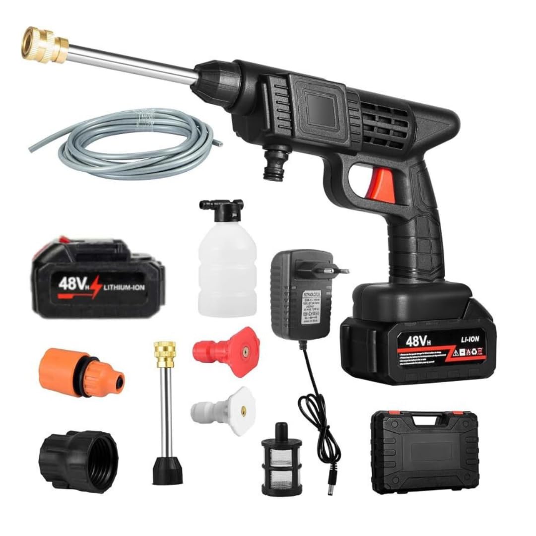 Hidrolimpiadora de Alta presión Portatil Eléctrica con Dos baterías de Litio 48V Pistola de Agua limpiadora inalámbrica Accesorios 90 Bares 200w Alta Potencia Limpieza de Coches con Espuma y Terrazas