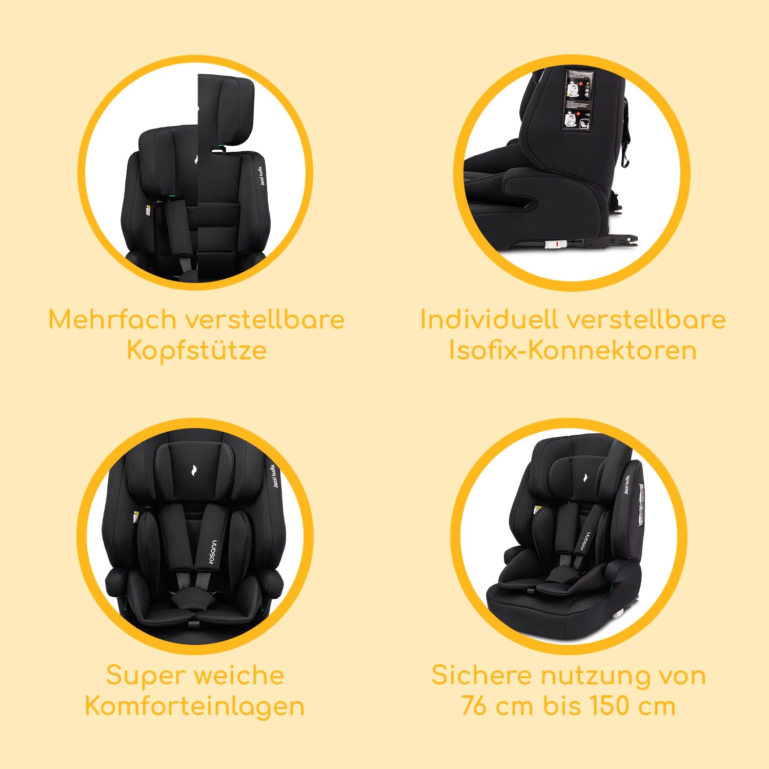 Osann Jazzi Isofix Kindersitz ab 1 Jahr (76–150 cm), Kindersitz mit Isofix | mitwachsender Kinderautositz, Kindersitz 9-36 kg mit Isofix & Top-Tether, Schutz & Geborgenheit auf jeder Fahrt – Black