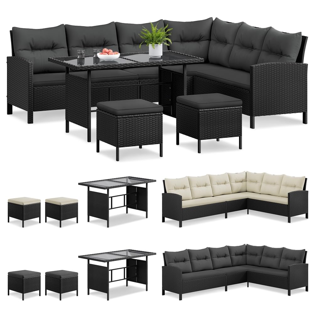 Yaheetech Set Mobili da Giardino in Rattan PE con 1 Divano ad Angolo 1 Tavolo 2 Pouf, Mobili Esterni 7 Posti con Cuscini per Patio Balcone Terrazza, Nero e Grigio