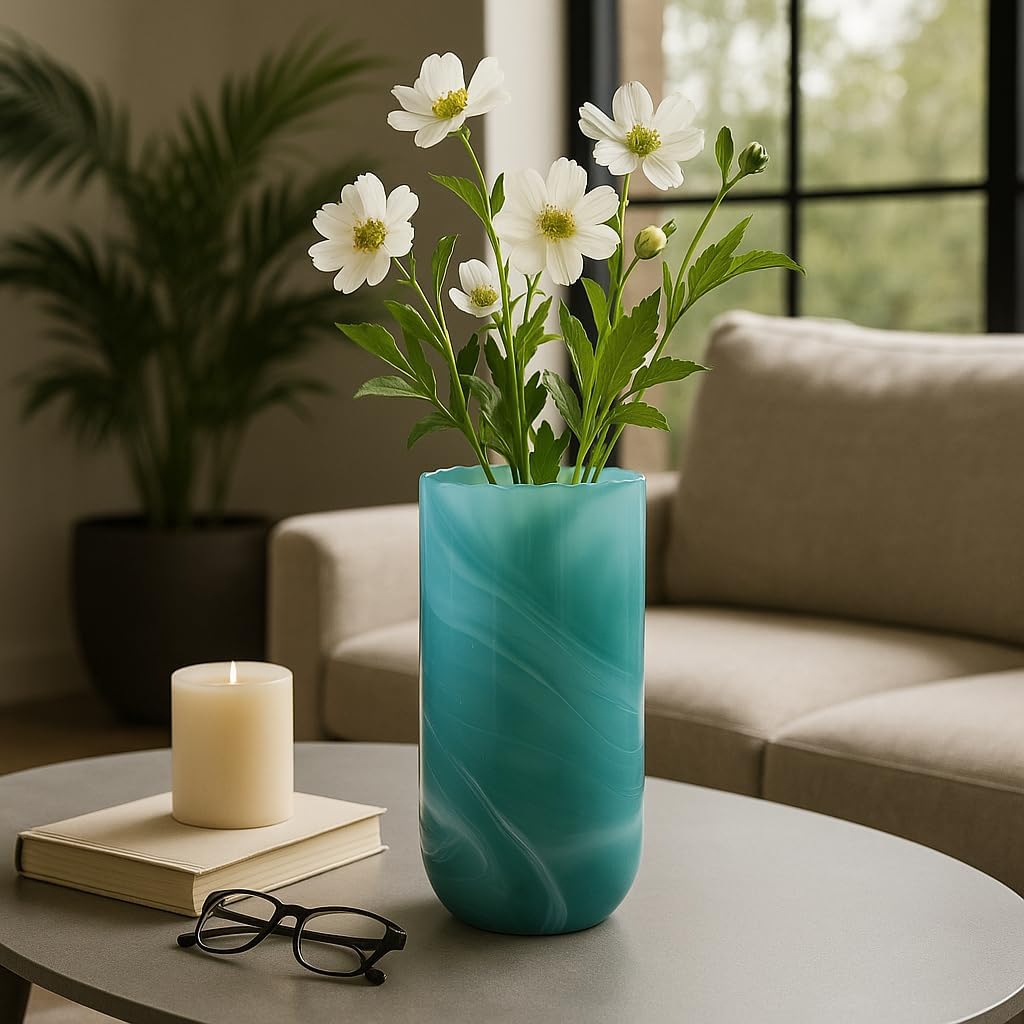Swirl Glass Vase as Decorative Vase for Flowers - Perfect Home Decor Accent for Living Room, Bedroom, Office, and Room - Elegant House Vase, Table Display and Centerpiece - 15", Blue & Green