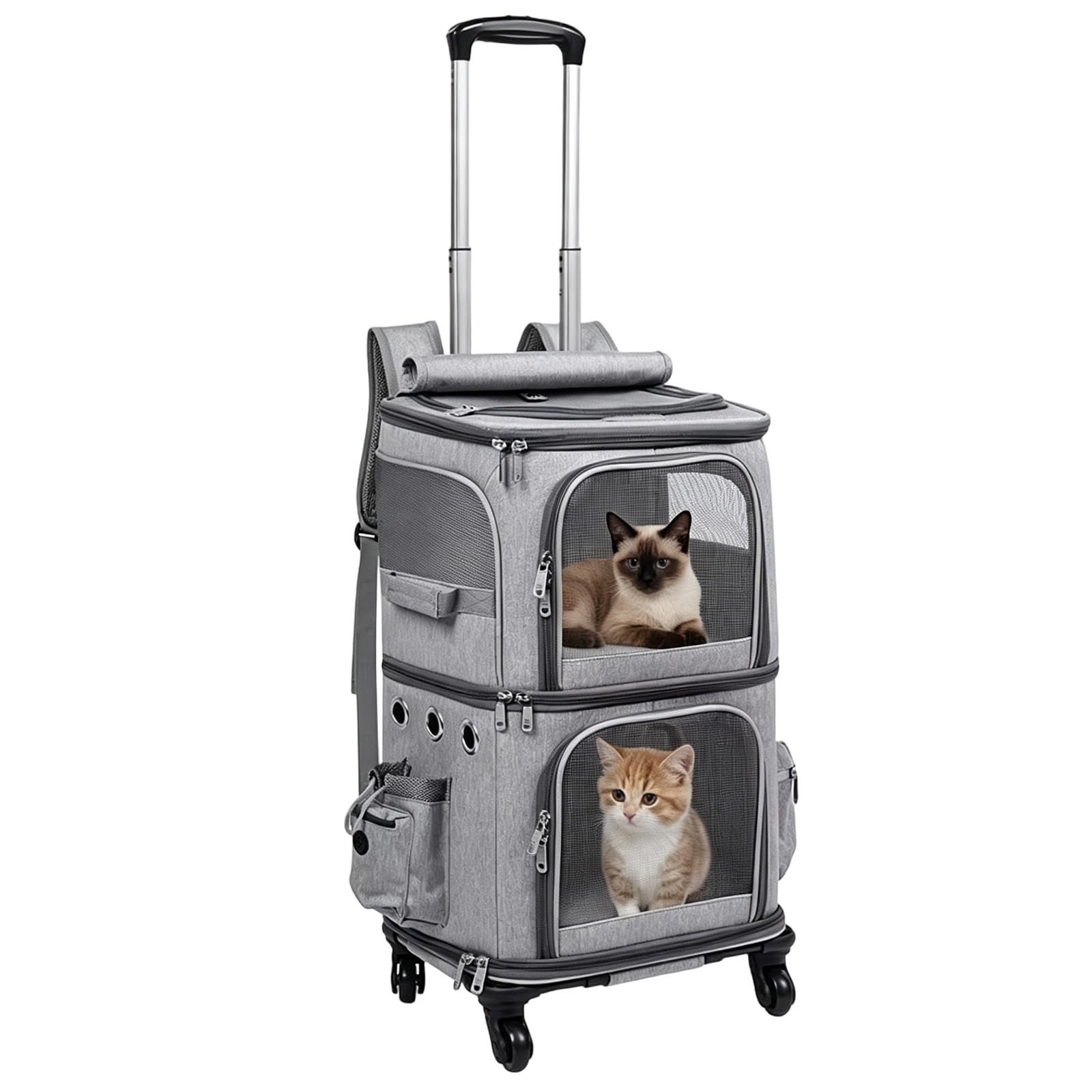 Katzenrucksack Große Katzen, Transportbox Katze für 2 Katzen bis 12kg, Katzentransportbox mit Abnehmbare Rollen, Hunderucksack für Wandern, Reisen, Grau