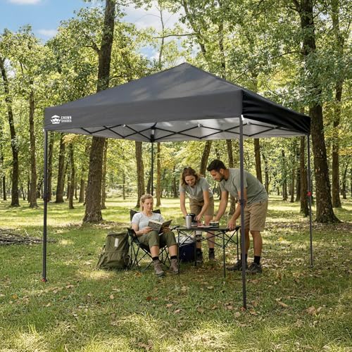 Image of CROWN SHADES 8x8 Pop Up Canopy - Patented Center Lock One Push Instant Outdoor Canopy Beach Tent with STO-N-Go Bag 8 Stakes & 4 Sand Bags,Grid Grey