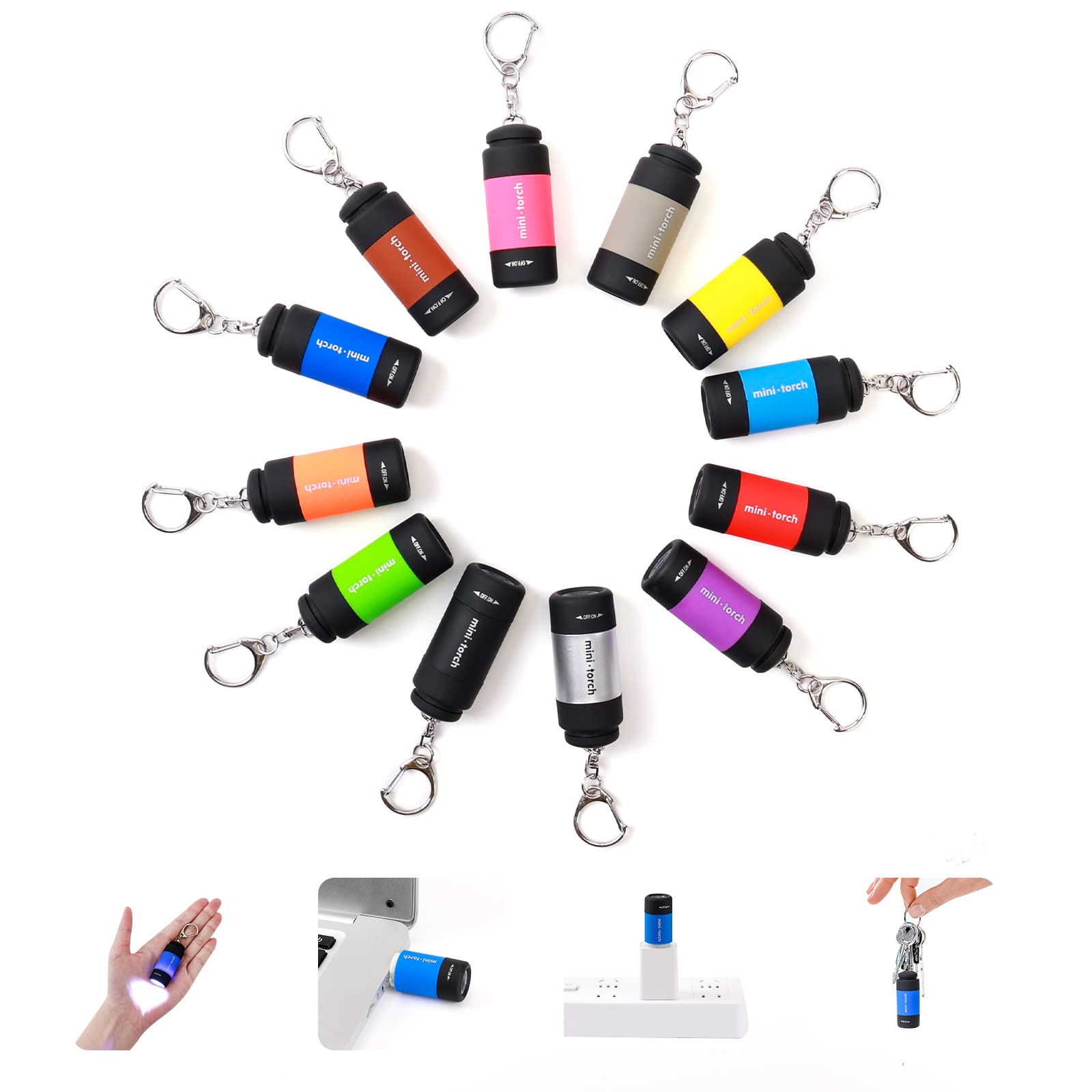 Mini Keychain Light,USB Rechargeable Keychain Flashlights 12 Pack Waterproof Small Flashlights for Emergency LED Tiny Flashlight Colorful Gift for Kids Students Family