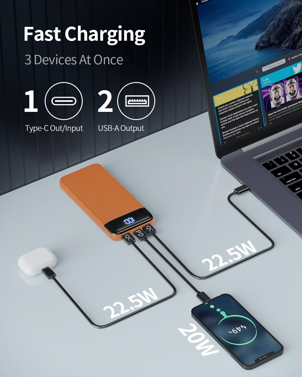 Power Bank, Slimmest 22.5W Powerbank 13800mAh PD3.0 USB C (Ingressi/Uscite), Caricatore Portatile Ricarica Rapida Batterie Esterna Compatibile con iPhone 16 15 14 13 12 11 Huawei etc.(Arancione)