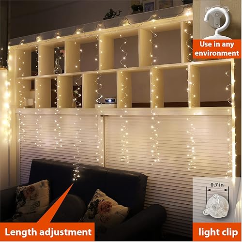 Miniatura 3 de Paquete de 2 luces de cortina, 300 luces LED con control remoto, 8 modos de 9.8 x 9.8 pies, enchufe USB, luces de alambre de cobre para dormitorio,