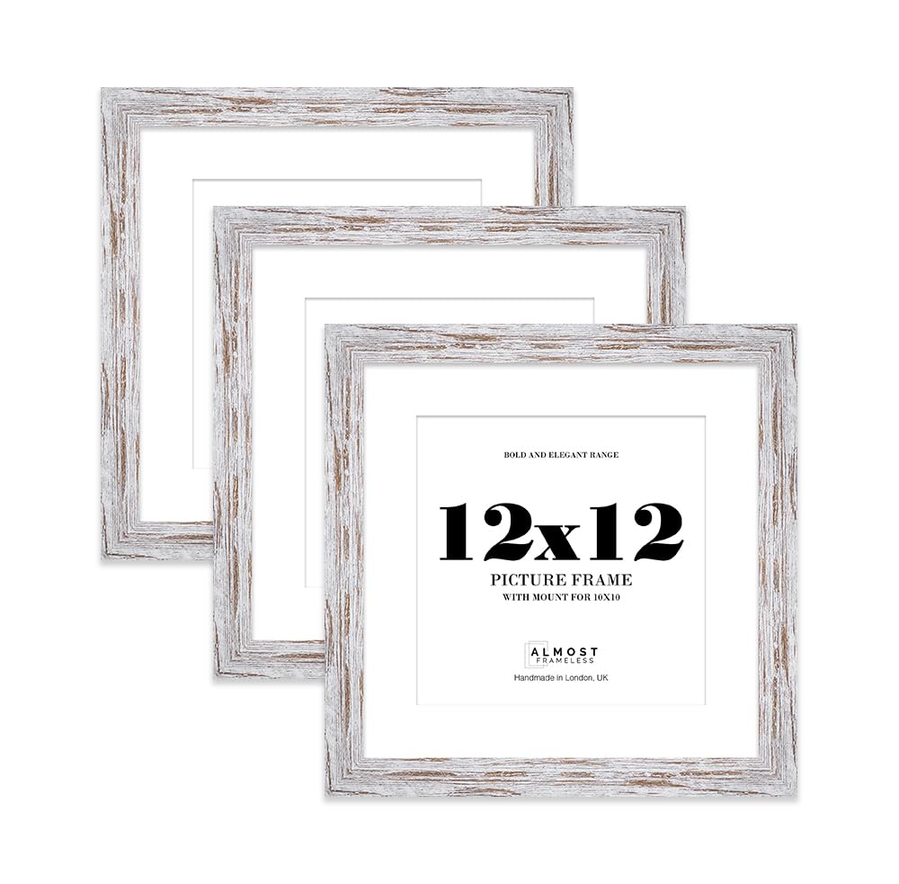 12x12" Distressed Wood Square Frame With Mount for 10x10" Pictures 28mm Edge Frame Display with Wall Hooks and Kickstand, 3 Pack