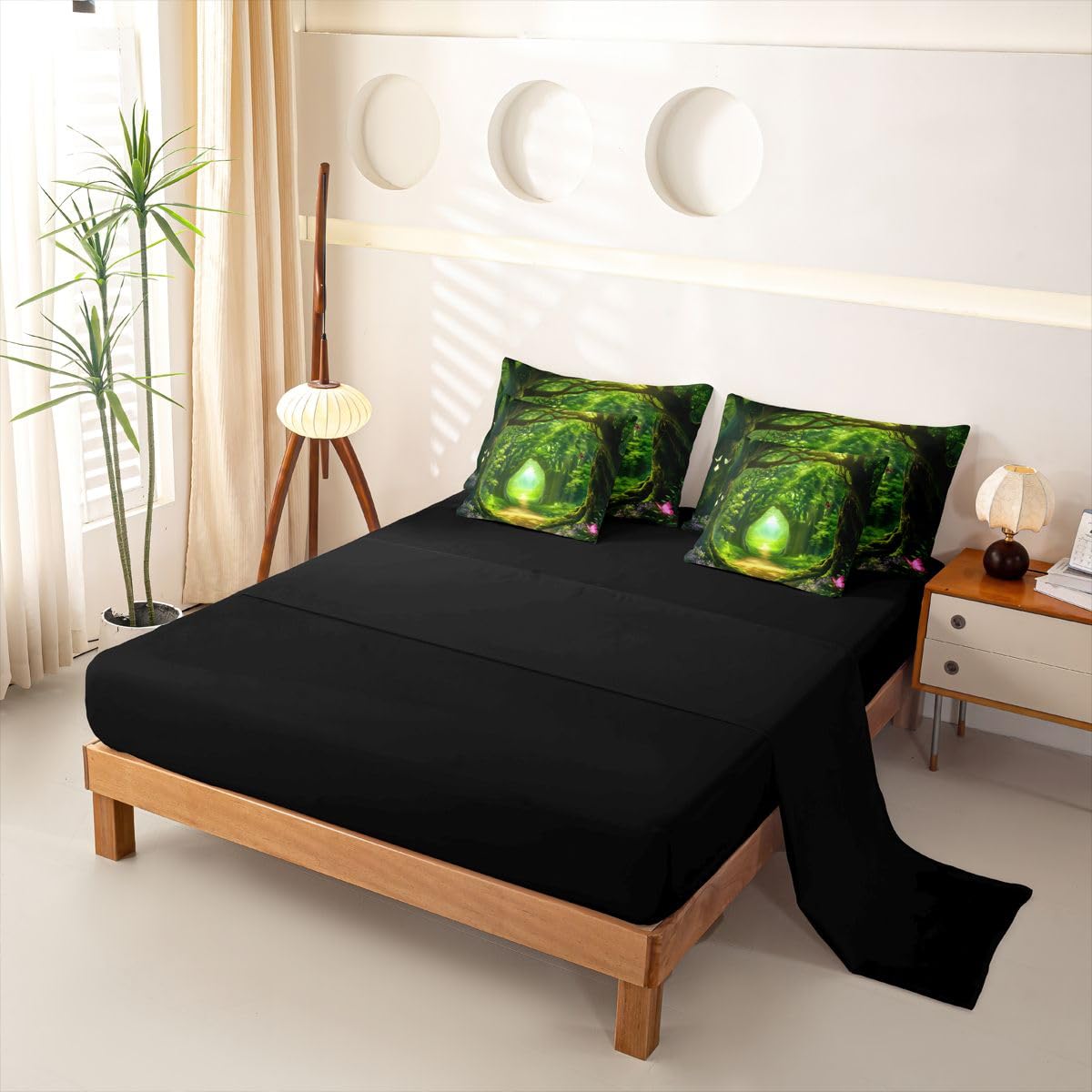 Loussiesd Juego de funda de edredón de 7 piezas, diseño de bosque botánico, tamaño doble, juego de ropa de cama completo con funda de edredón, sábanas, fundas de almohada, fundas de cojín