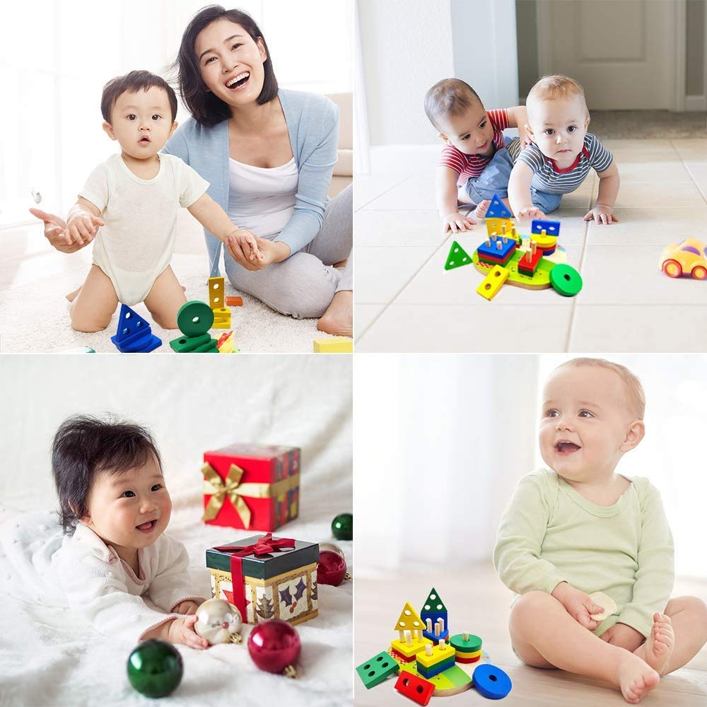 Shopmeaway Puzzle Bois 1 2 3 4 Ans Jouet En Bois Montessori Enfant De Developpement Educatif Pour Bebes Geometriques Forme Stack Tri Et Reconnaissance Couleurs Puzzle En Bois Pour Prescolaire Garcon Fille