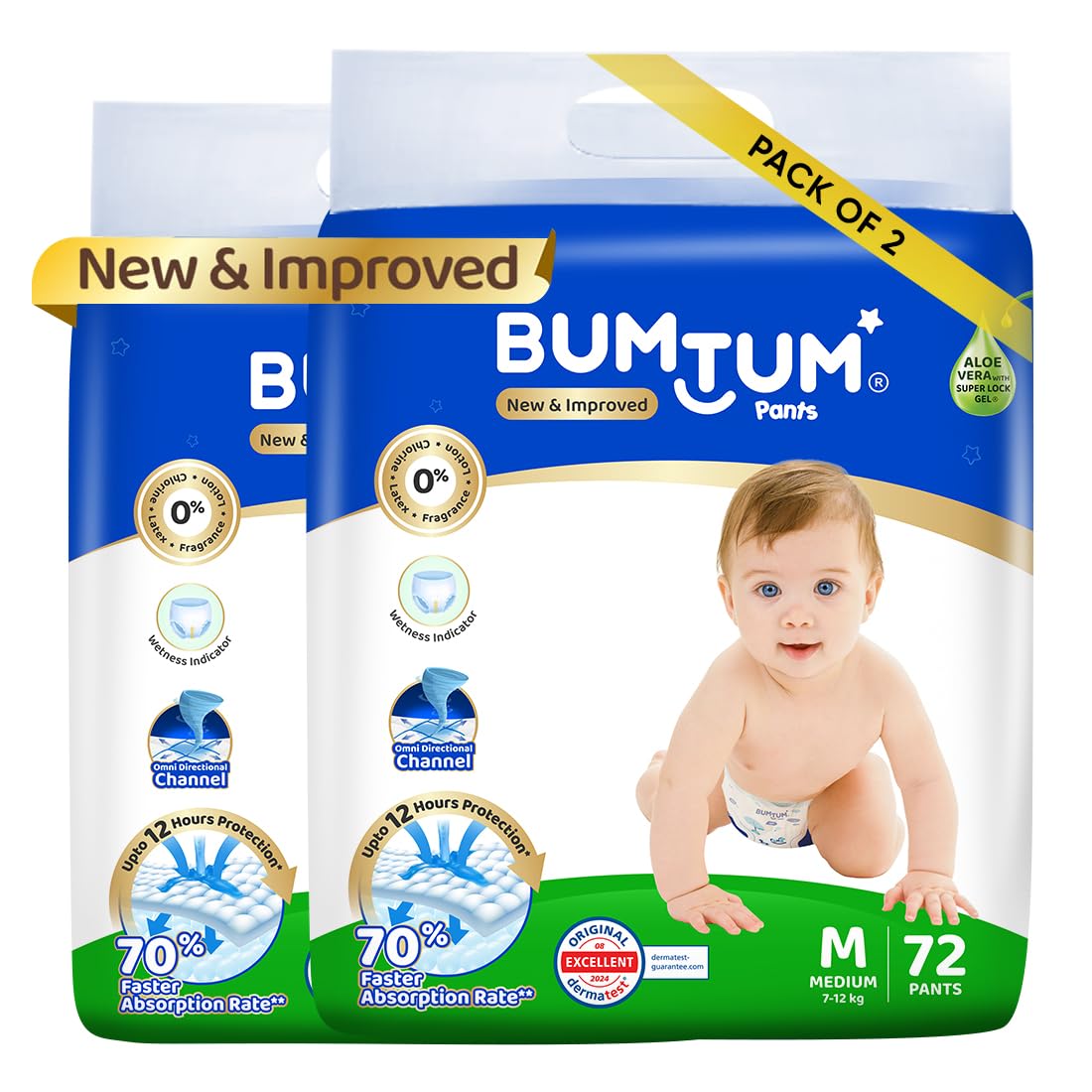 Bumtum Baby Diaper Pants, Medium Size, Double Layer Leakage Protection Infused With Aloe Vera, Cottony Soft High Absorb Technology (Pack of 2, 72 Pcs. per pack)