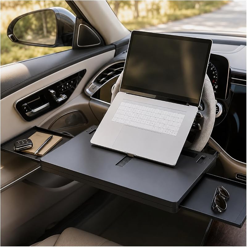 2 in 1 Car Large Steering Wheel Desk, Adjustable Auto Steering Wheels with Dual Slide-Out Trays, Foldable Wheel Table Tray Laptop Holder for Most Cars Trucks SUVs Vans (Black)
