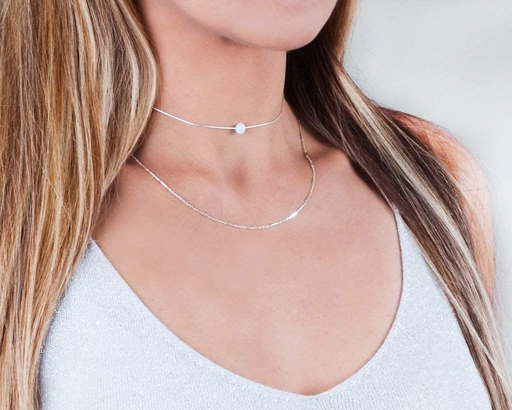 Opal Bead Choker Necklace – Rose and Gold Filled or Sterling Silver, Blue or White Opal Ball, Dainty Minimalist Jewelry 13.5"-16.5"