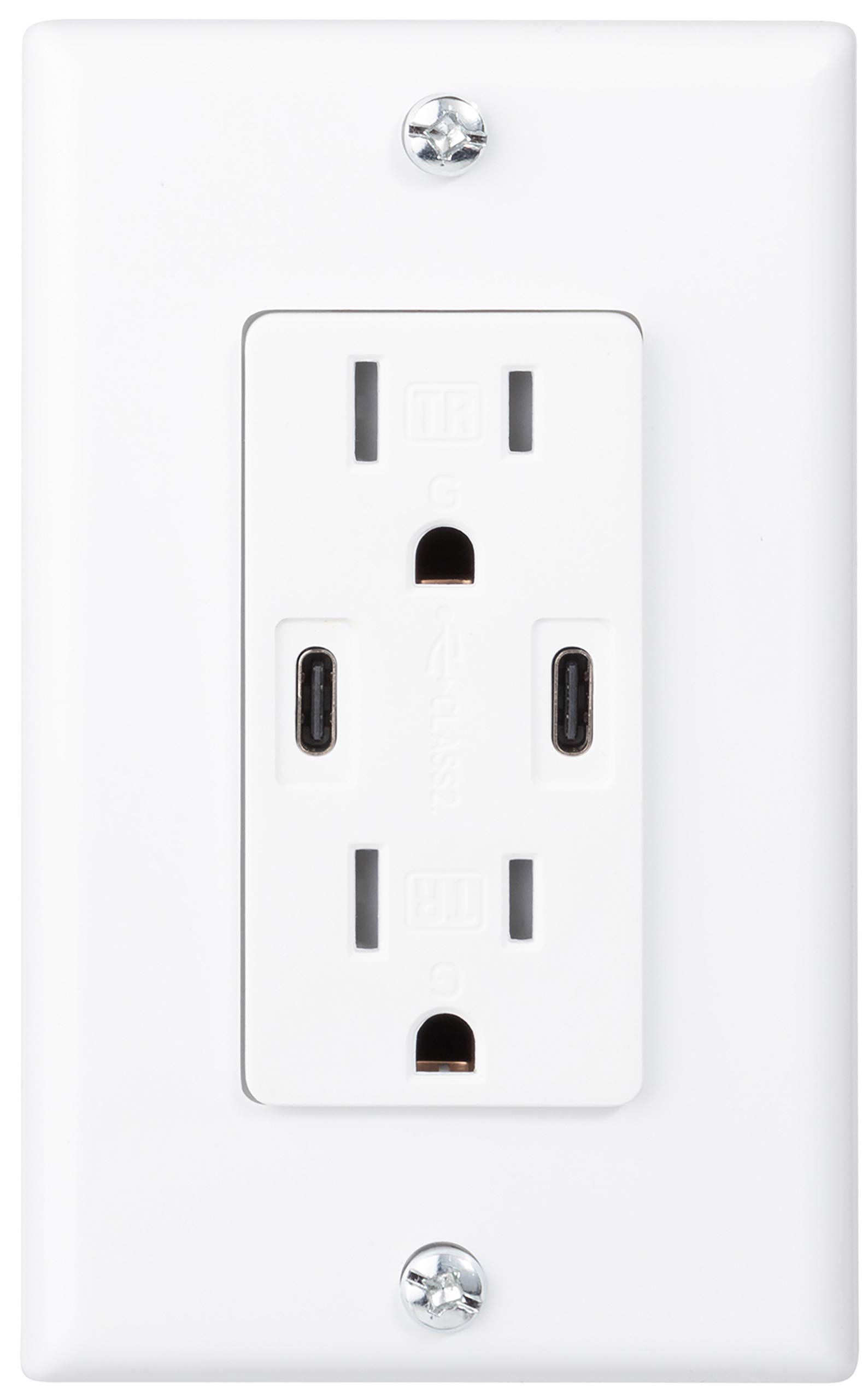 18W Dual USB Type C with Power Delivery Wall Outlet with Dual Tamper-Resistant Plugs (3-Pack, White)