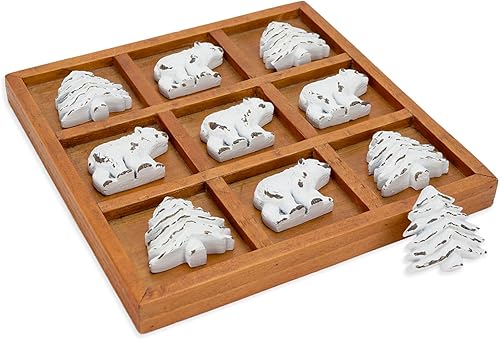 Miniatura 2 de NIKKY HOME Cabin Tic Tac Toe Tablero de juego de madera rústico decoración de mesa auxiliar lindo oso árbol decorativo de madera juego de viaje para