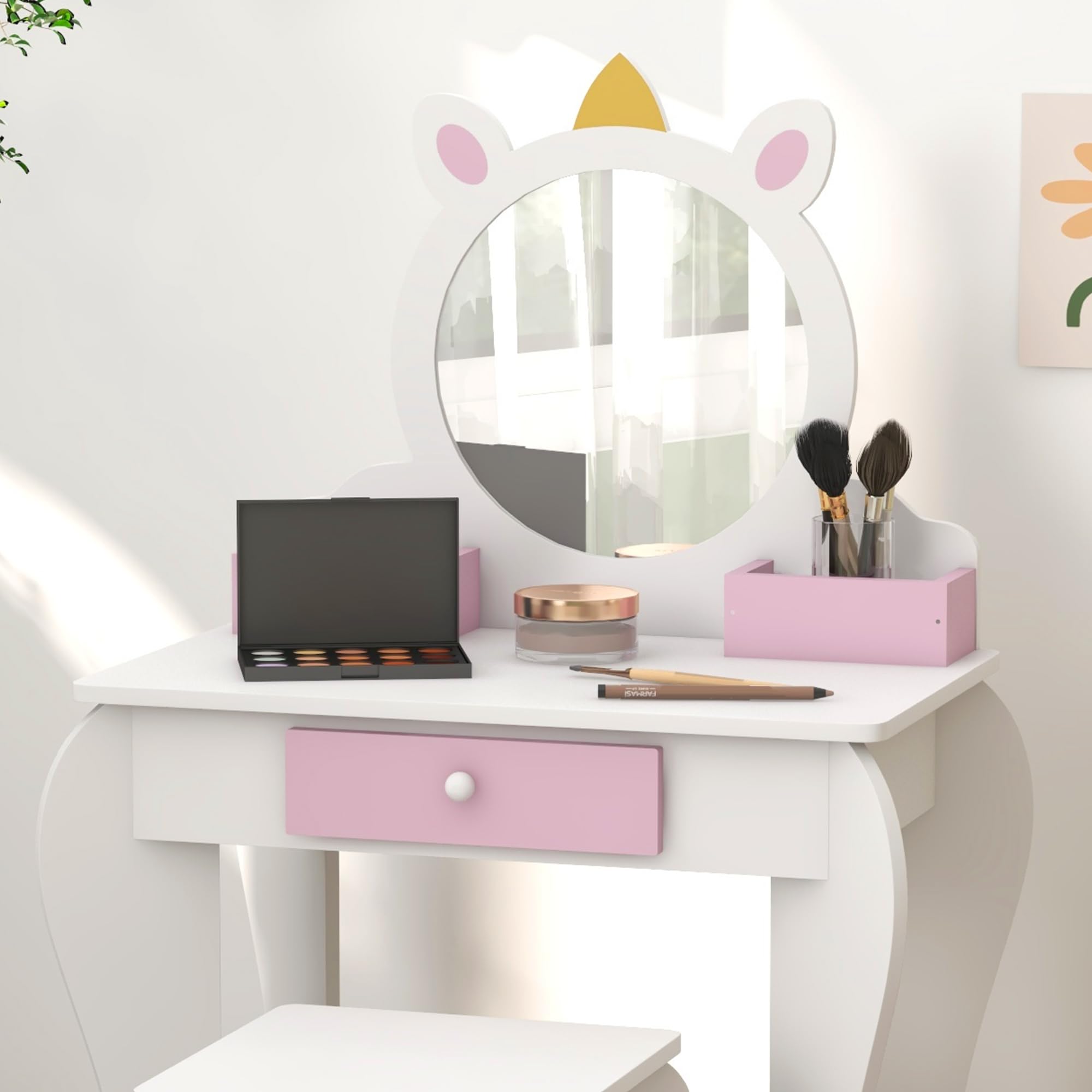ZONEKIZ Tocador Infantil con Taburete y Espejo, Tocador para Niñas con Cajón, Compartimentos, Diseño de Unicornio, Mesa de Maquillaje para Niños y Niñas de 3-6 Años, Blanco