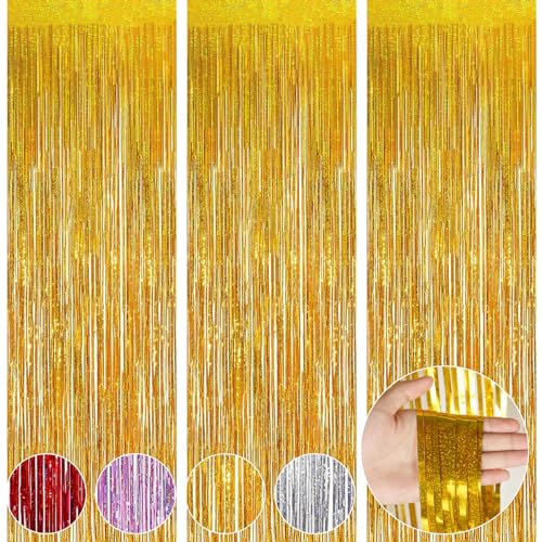 OFFCUP Cortina de Oropel Dorados, 3PCS Cortinas Metálicas Foil Fringe Cortinas Fiesta, 1m x 2mFlecos Dorados Cortina de Borla, para Decoración Pared Boda Cumpleaños Halloween Fiestas Navidad
