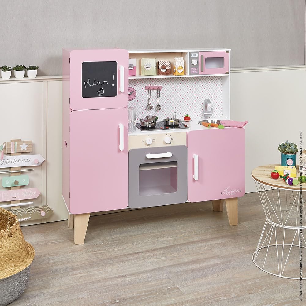 Janod - Maxi Cucina Giocattolo in Legno Macaron - Cucina per Bambini con Frigo e Forno a Microonde - Imitazione e Sviluppo - 15 Accessori Inclusi - A Partire dai 3 Anni, J06571, Rosa