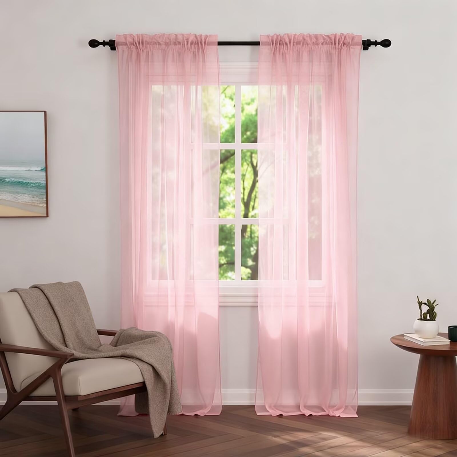 Zdada Net Curtains for Windows 108 Drop, Pink Slot Top Voile Curtains, Semi Transparent Sheer Curtain Net Curtain Panel for Living Room Kitcken W60xL108 Inch,2 Panels — image 1