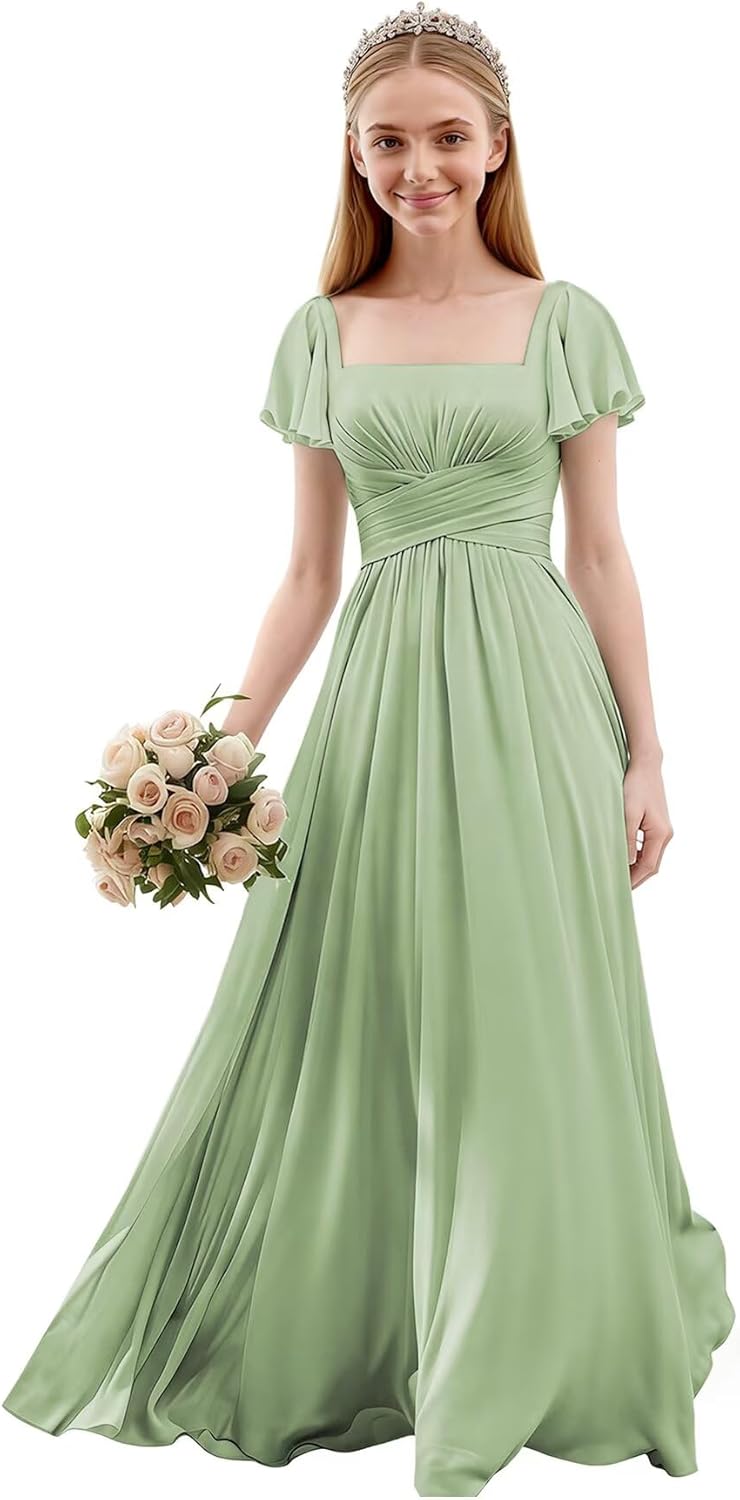 Chiffon Junior Bridesmaid Dresses Square Neck Pleated Flower Girl Dress A Line Wedding Party Gown