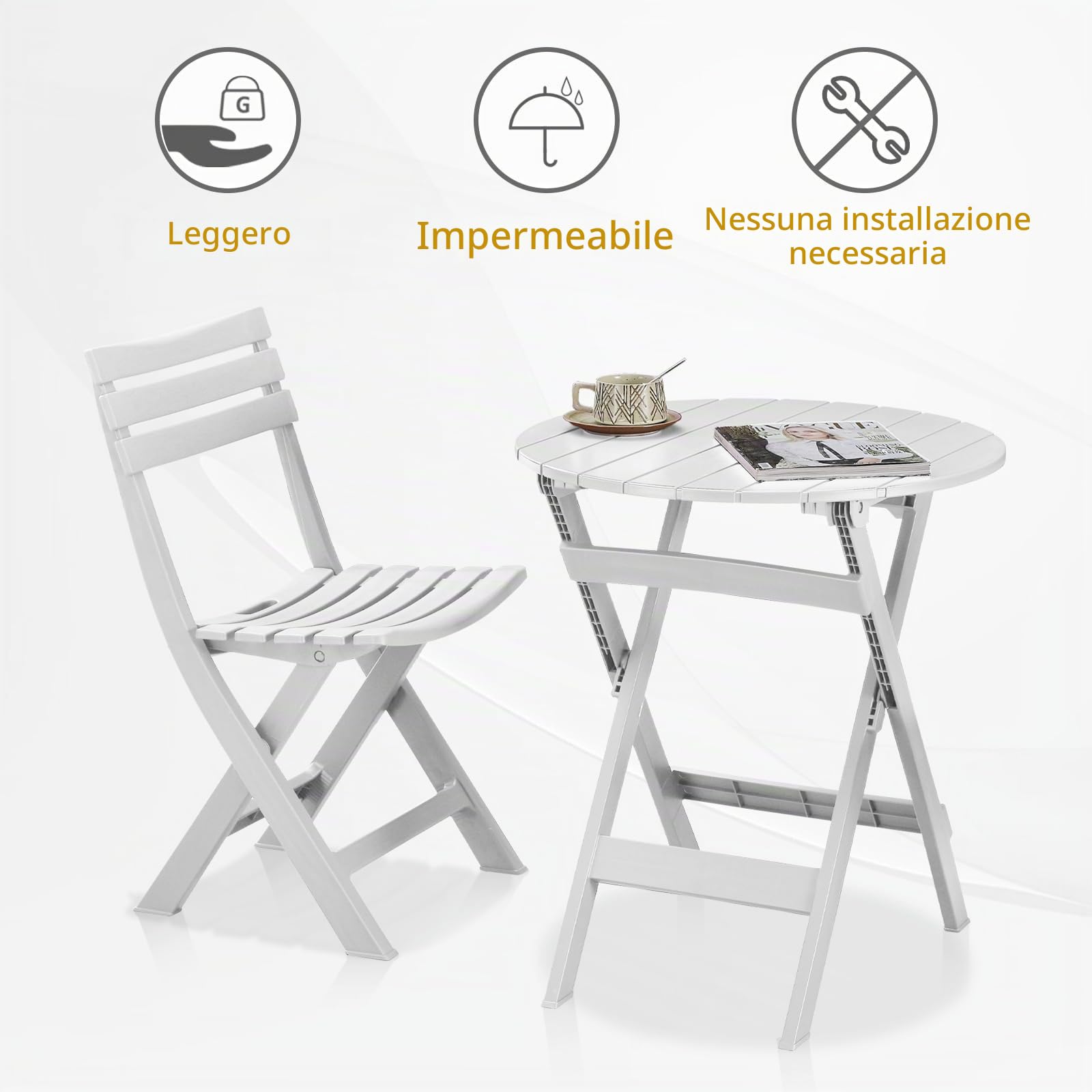 KAIHAOWIN Set da bistrot pieghevole per esterni, tavolo e sedie per 2 piccoli mobili, 3 pezzi, veranda, cortile, balcone, giardino, patio, bianco