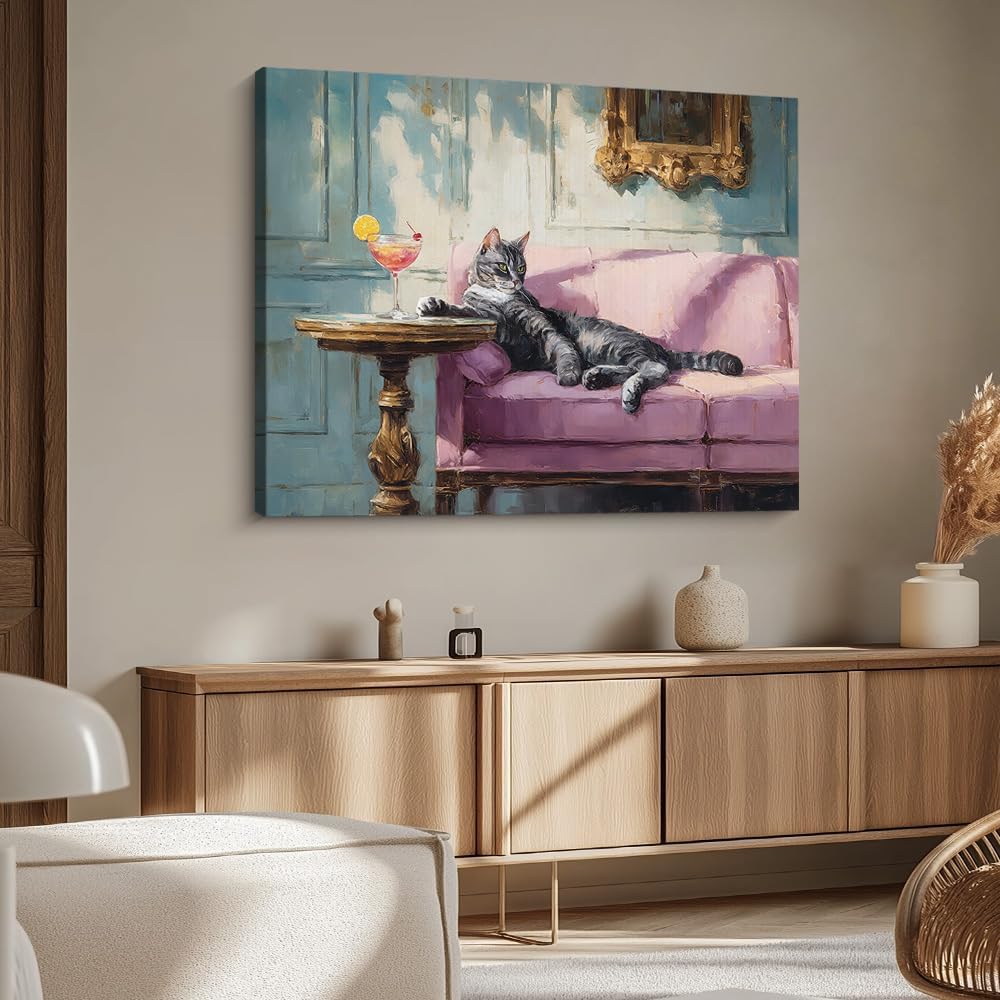 Funny Black Cat With Lemon Drink Canvas Wall Art Trendy Quirky Cat Poster Vintage Aniaml Prints for Bar Kitchen Bathroom Bedroom Decor (SKU7,16x24inch=(40x60cm),Framed(Wrapped Canvas)) image 5