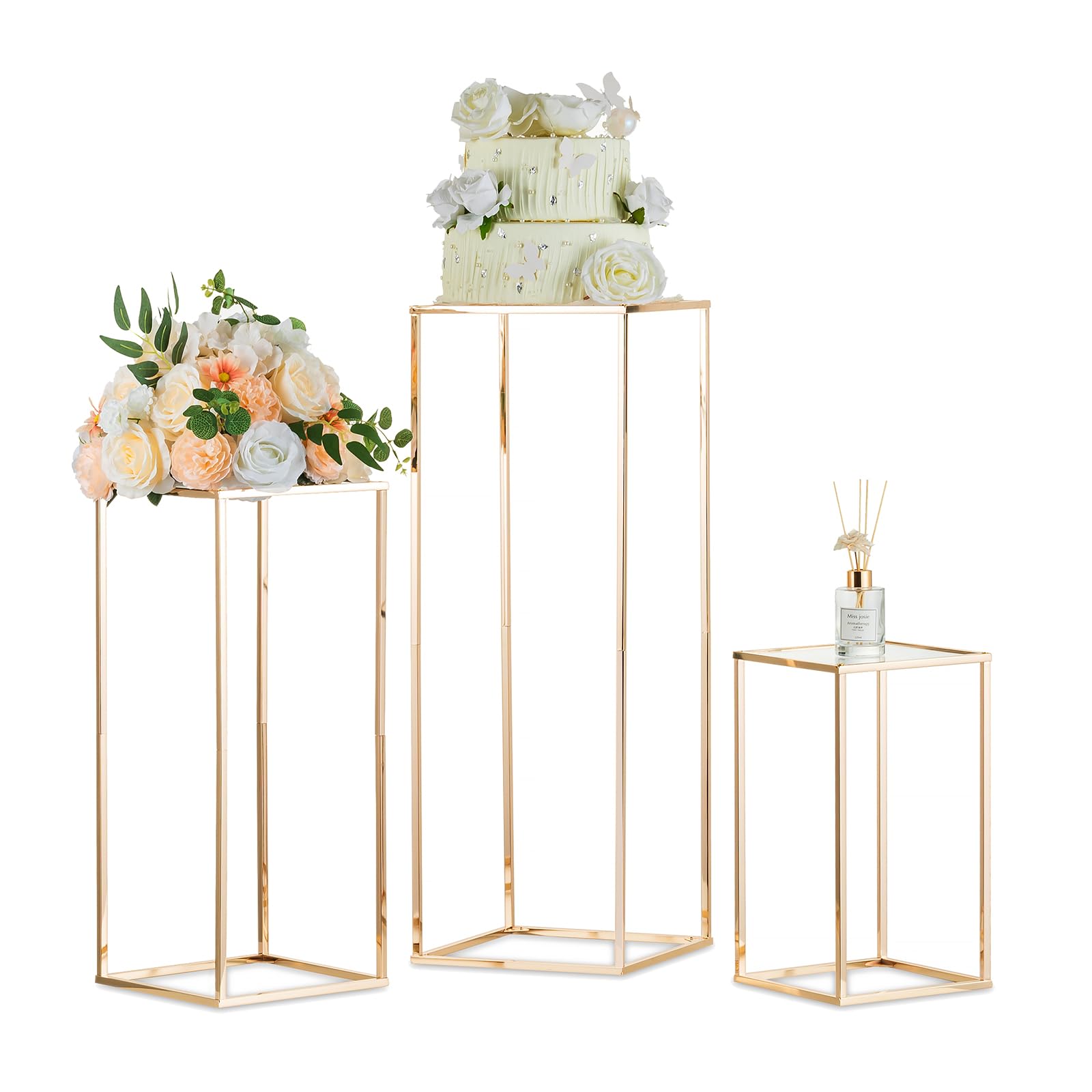 Soporte para Flores Oro para Bodas con Panel Acrílico, 40/60/80cm | Columna Geométrica Metálica, Jarrón Alto para Cumpleaños, Arreglos Florales, Fiestas y Decoración de Salón