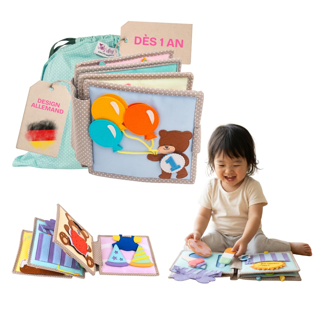 Jolly Designs® Mini Quiet Book Joyeux Oursiversaire – Jouet Montessori dès 12 Mois – Livre sensoriel & Livre Tissu pour bébé – Busy Book Fait Main en Feutrine – Jouet éducatif & de Voyage
