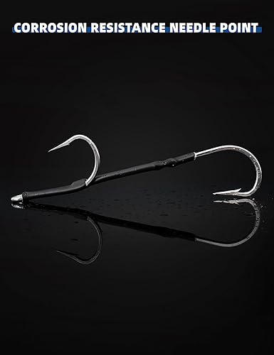 Miniatura 8 de BLUEWING Doble Aparejo SS Southern Bend Hookset 25pcs Acero inoxidable Doble Ganchos Big Game Pesca Trolling Ganchos con tubo de goma para pesca de