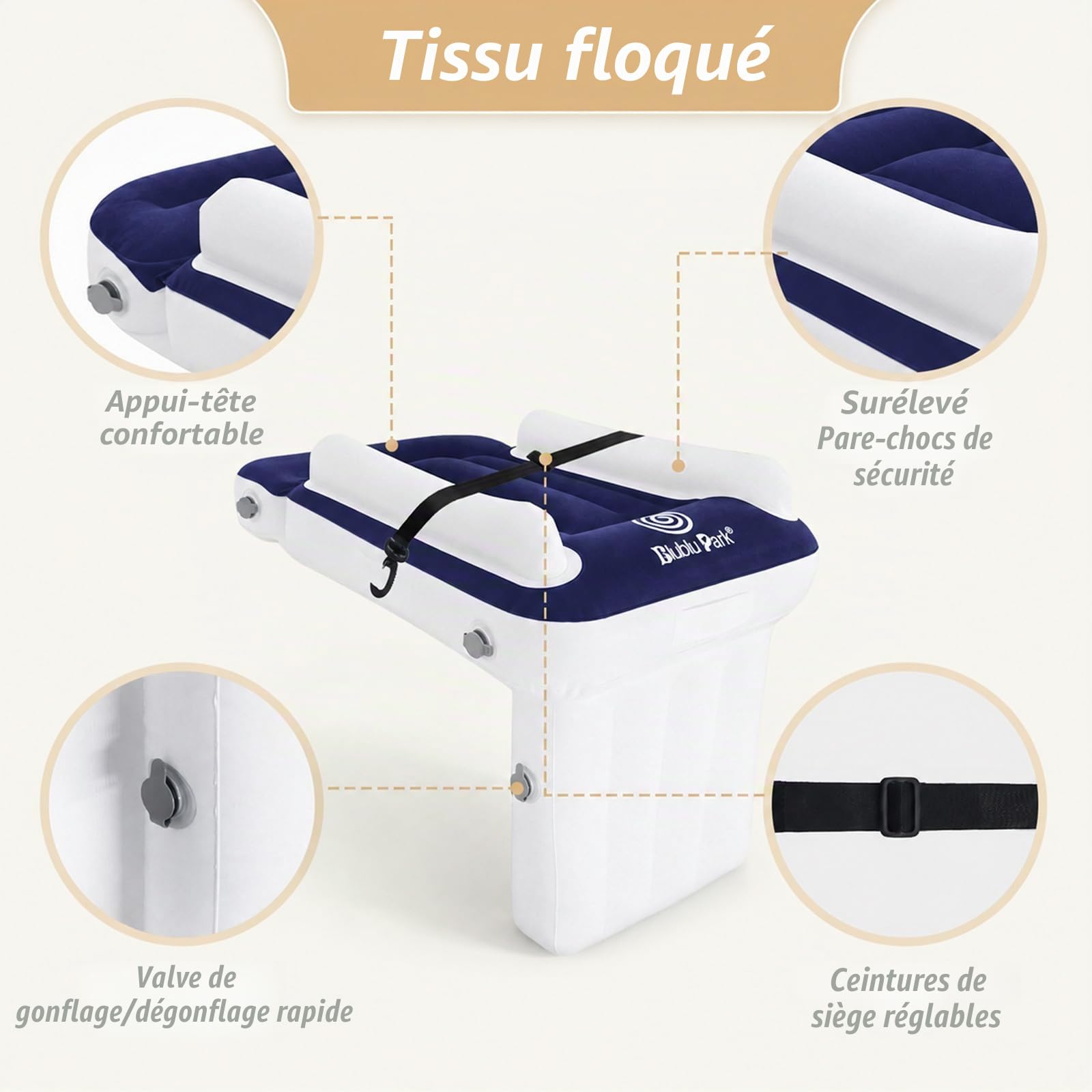 Flyaway Lit de voyage pour enfant avec côtés hauts, ceinture de sécurité, lit gonflable qui s'adapte à la plupart des sièges de