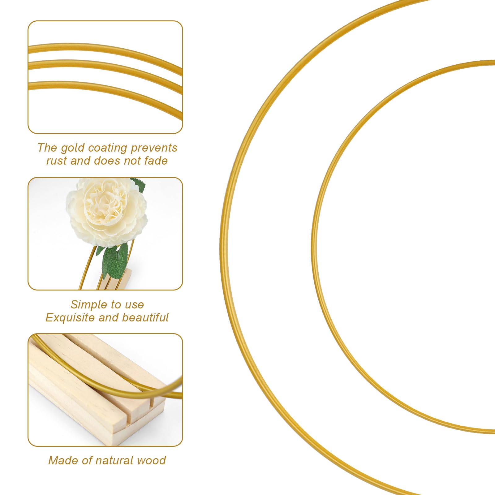 Cercle Bois FINELYCR 3 Pièces Cerceau Floral Double Couche Or – Anneaux Métal 20 Cm & 15 Cm + Socles Bois, Idéal Mariage & DIY