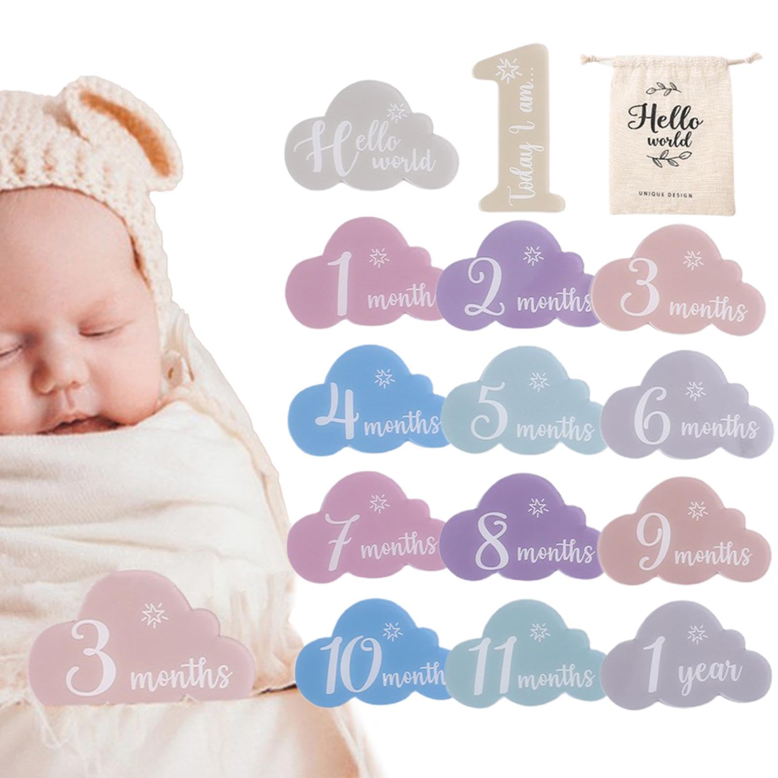 Cartes De Marquage Pour Bébé – Cartes Photo Pour Bébé Mois | Marqueur Mensuel En Acrylique, Cartes De Mois En Forme De Nuage, Panneau De Bonjour