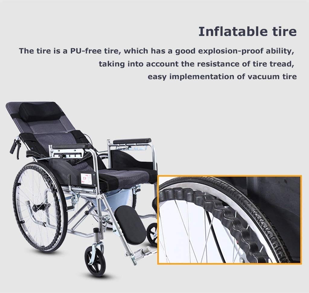 Silla de ruedas plegable liviana, reclinable ajustable en 6 posiciones, cómodo respaldo plegable con brazo y pata de elevación, freno de mano doble de acero con alto contenido de carb