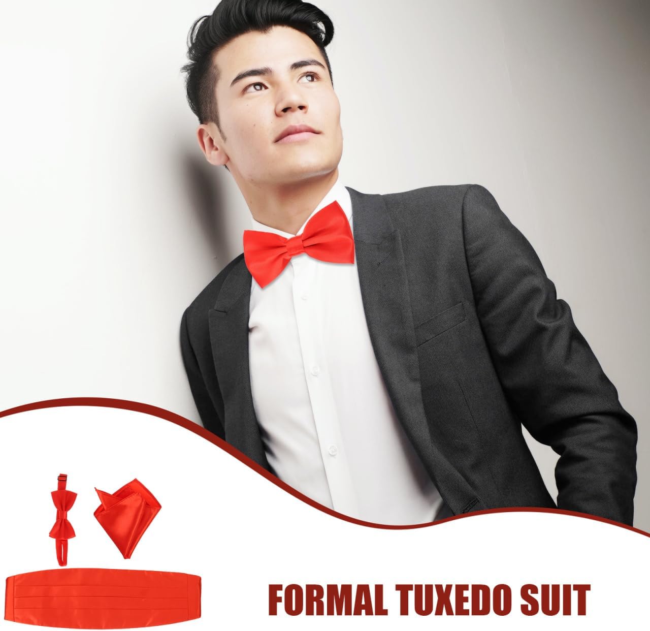 Kisangel Red Bow Tie Cummerbund Set for Men, 3-Piece Formal Tuxedo Accessories with Pocket Square, Classic 4-Pleat Adjustable Waist Tuxedo Accessories Men men for Weddings, Proms & Galas