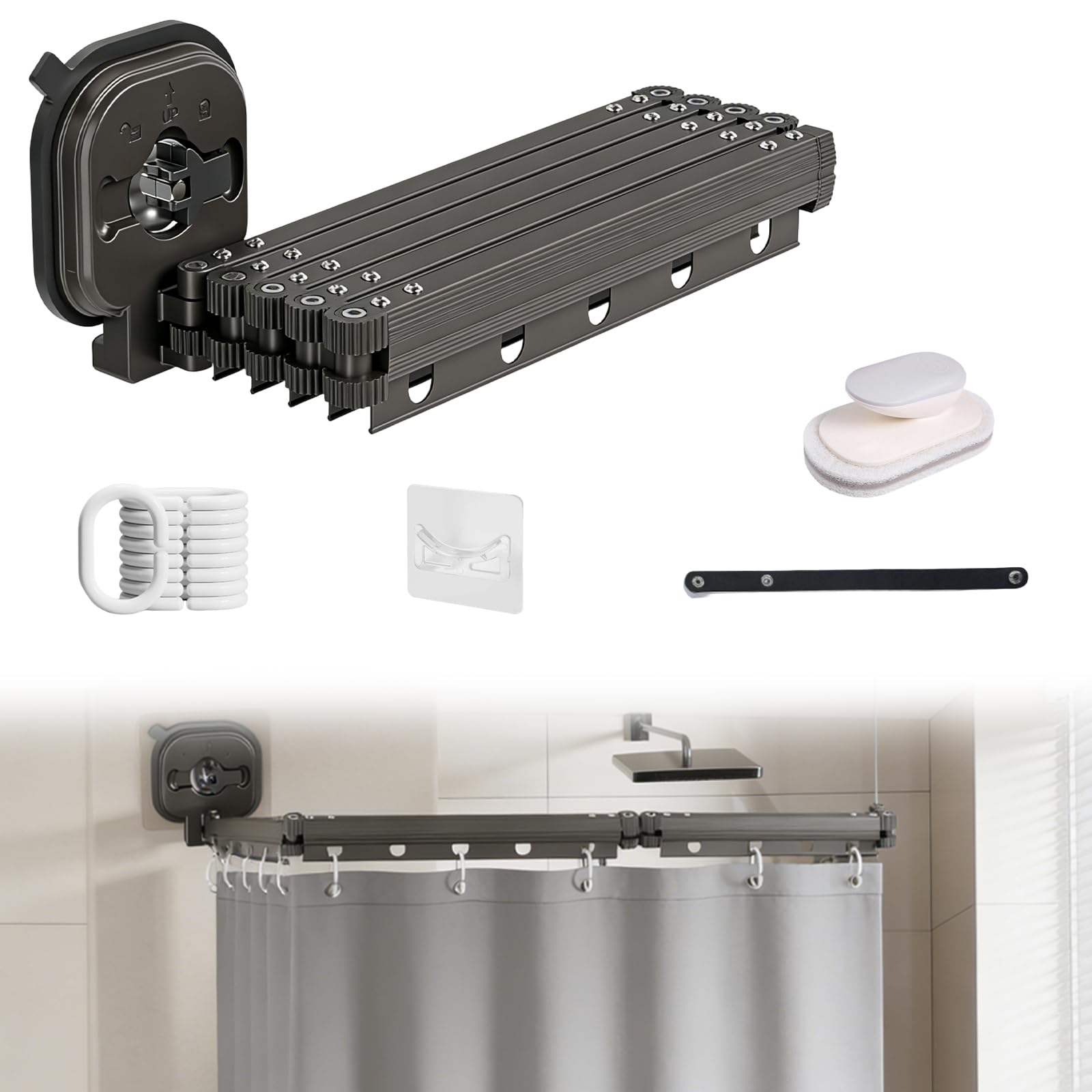 Rideau De Douche Sans Perçage Avec Ventouse, Forme L/U, 5 Plis, 1,8 x 2 m | Ventouse Puissante,Tringle Rideau Douche Pliable Anneaux Pour Douches D'Angle,Barre Douche Angle RéGlable/Extensible Gris