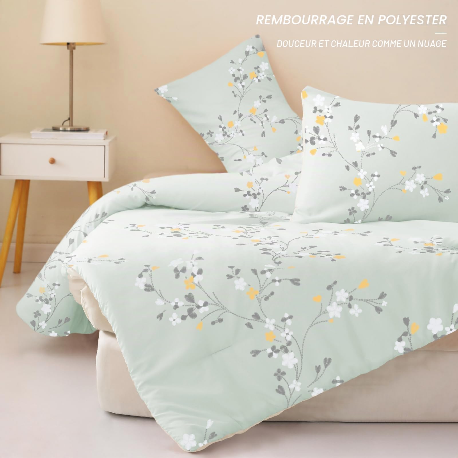 Exclusivo Mezcla Ensemble de Couette sans Housse avec 2 Taies d'oreiller, Légère, Réversible et Chaude, Toutes Saisons avec Motif Floral, 200 x 200 CM, Vert Menthe