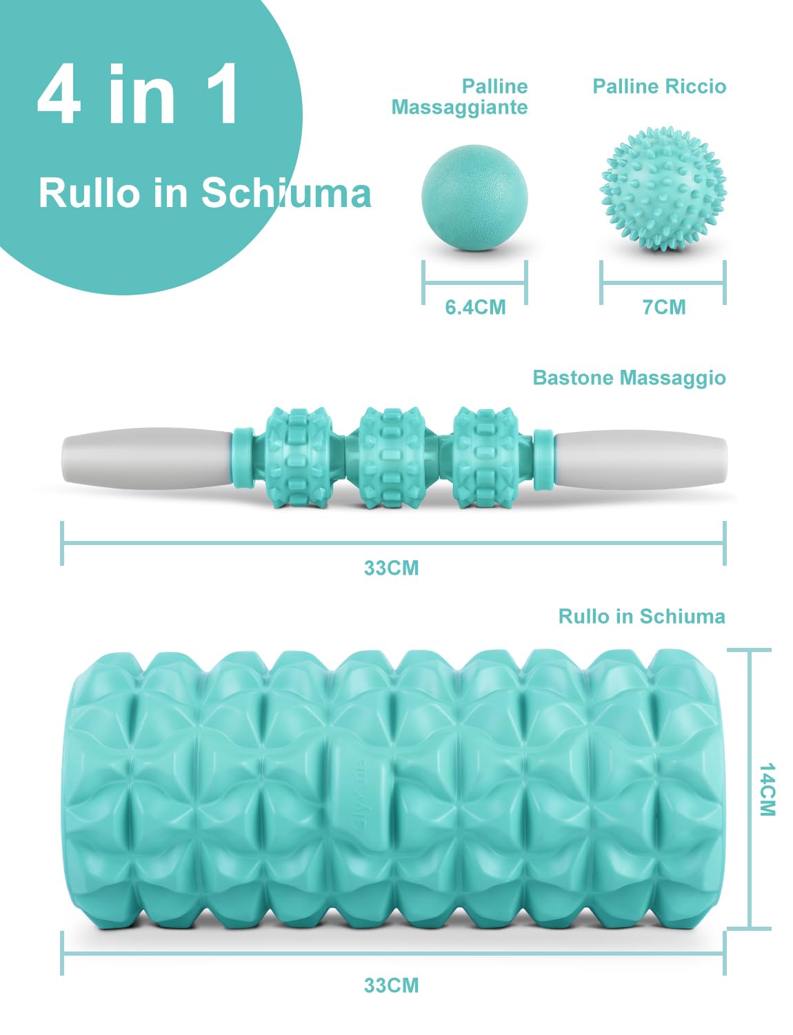 Glymnis Rullo massaggiante muscolare in schiuma 4 in 1 con 1 rullo in schiuma, 1 bastone da massaggio e 2 palline da massaggio per rilassare i muscoli Ridurre il dolore del corpo