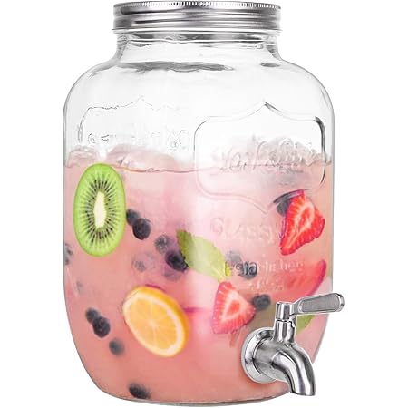Bekith 1 Gallon Glass Beverage Dispenser with 18/8 Stainless Steel Spigot, Mason Jar Glass Drink Dispenser with Wide Mouth Metal Lid for Outdoor, Parties and Daily Use, Clear