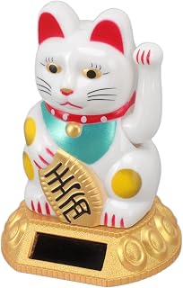 Chinese Lucky Cat Decoration Waving Arm Solar Light Induction Statue Figurine for Home Car Ornaments (White)
