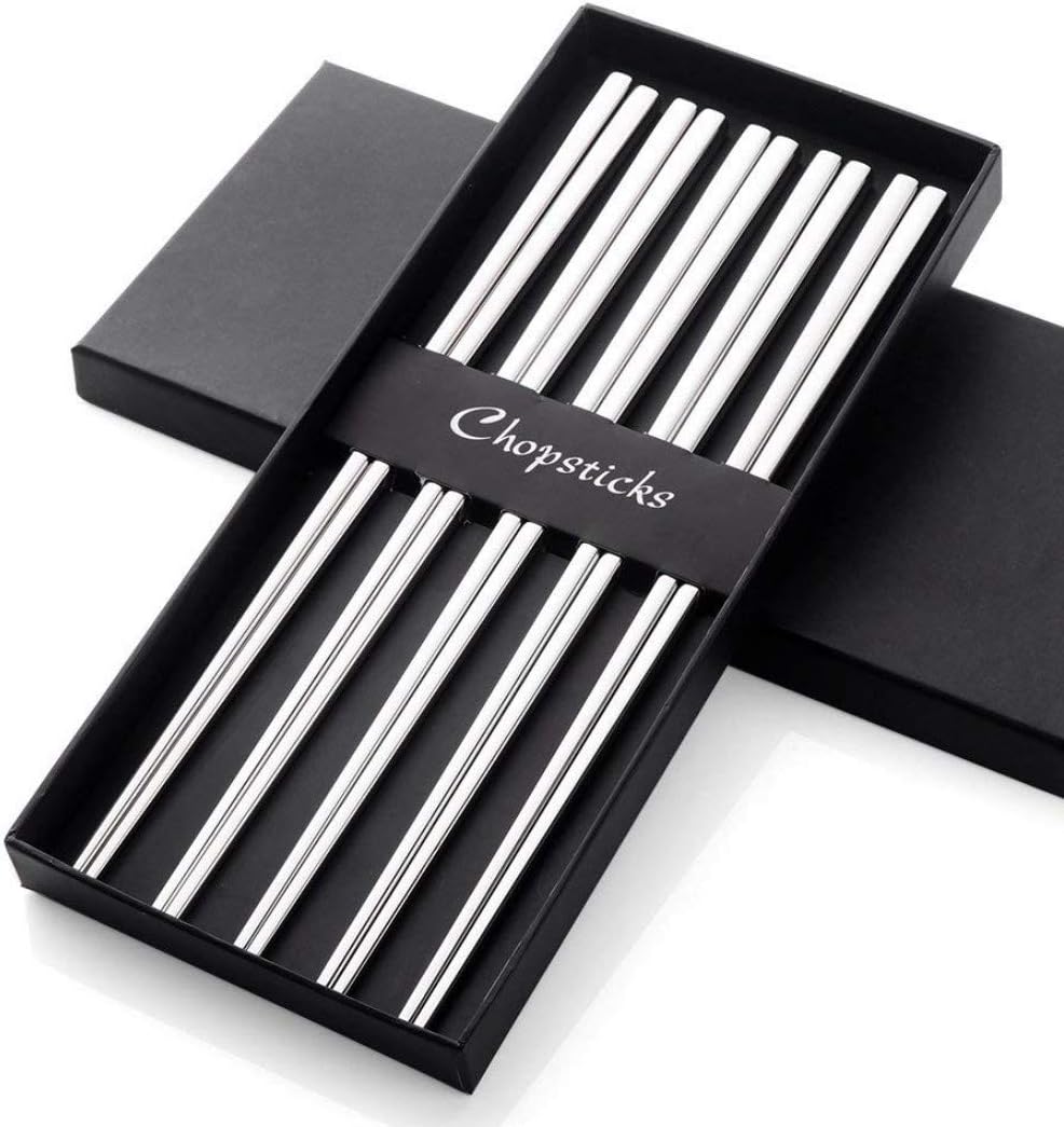 5 Pairs Chopsticks Silver 304 18/10 Stainless Steel Reusable Metal Chopsticks Hollow Square Shape for Sushi Dinner Tableware Set
