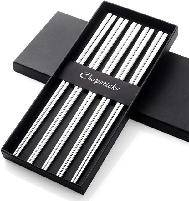 Buyer Star 5 Pairs Chopsticks Silver 304 18/10 Stainless Steel Reusable Metal Chopsticks Hollow Square Shape for Sushi Dinner Tableware Set