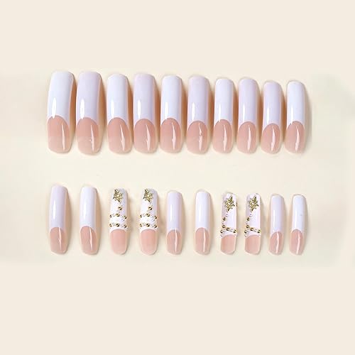 Miniatura 49 de IMSOHOT Uñas postizas largas a presión, uñas postizas cuadradas con pegamento brillante, diseño de mariposa y diamantes de imitación, uñas postizas