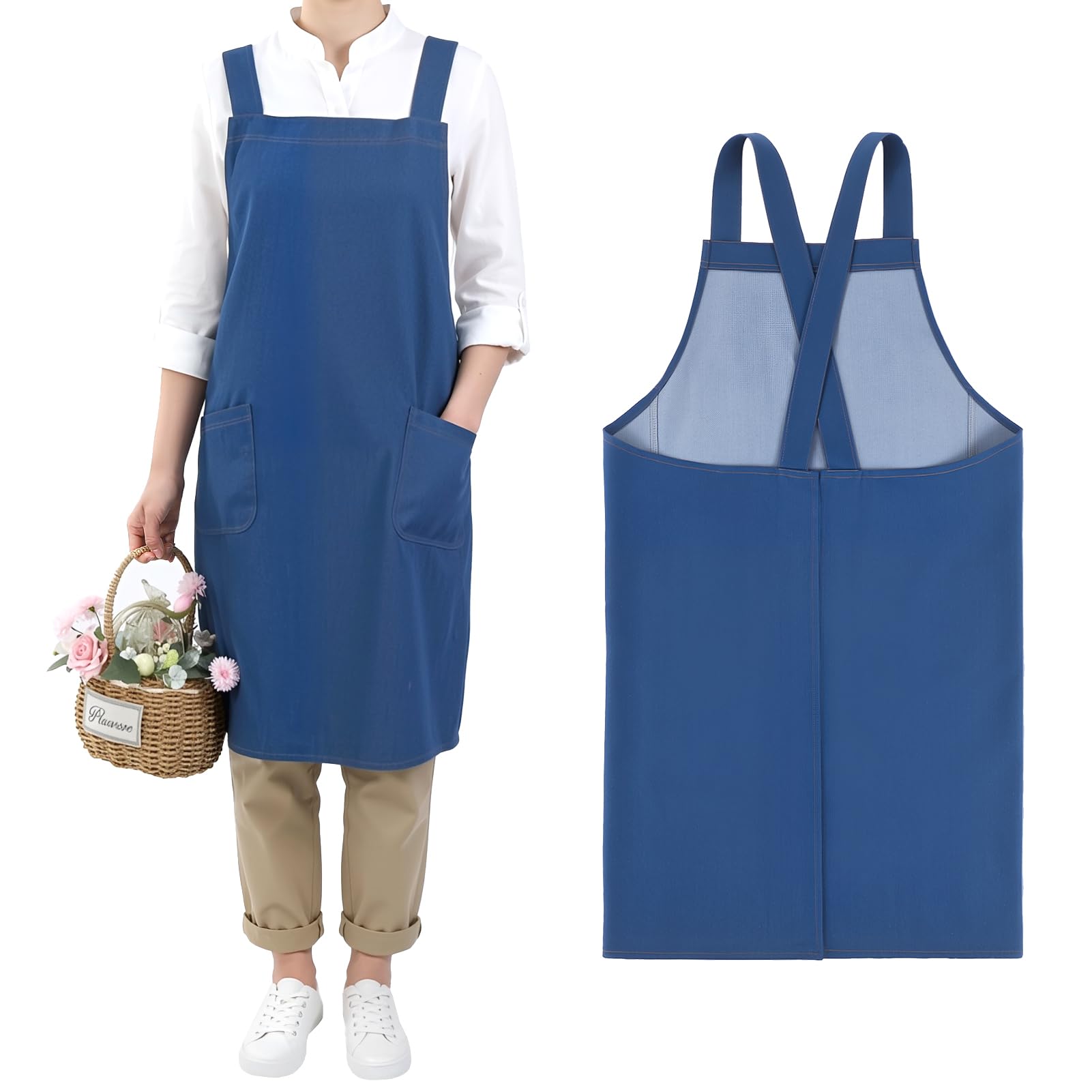 ViEinkaufen Cross Back No-Tie Denim Apron with Pockets Unisex