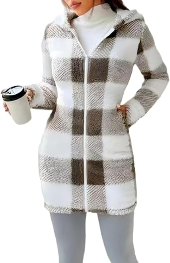 Womens Plaid Jacket Winter Fuzzy Fleece Zip Up Hooded Jackets Casual Color Block Slim Fit Long Sleeve Coats Outwear