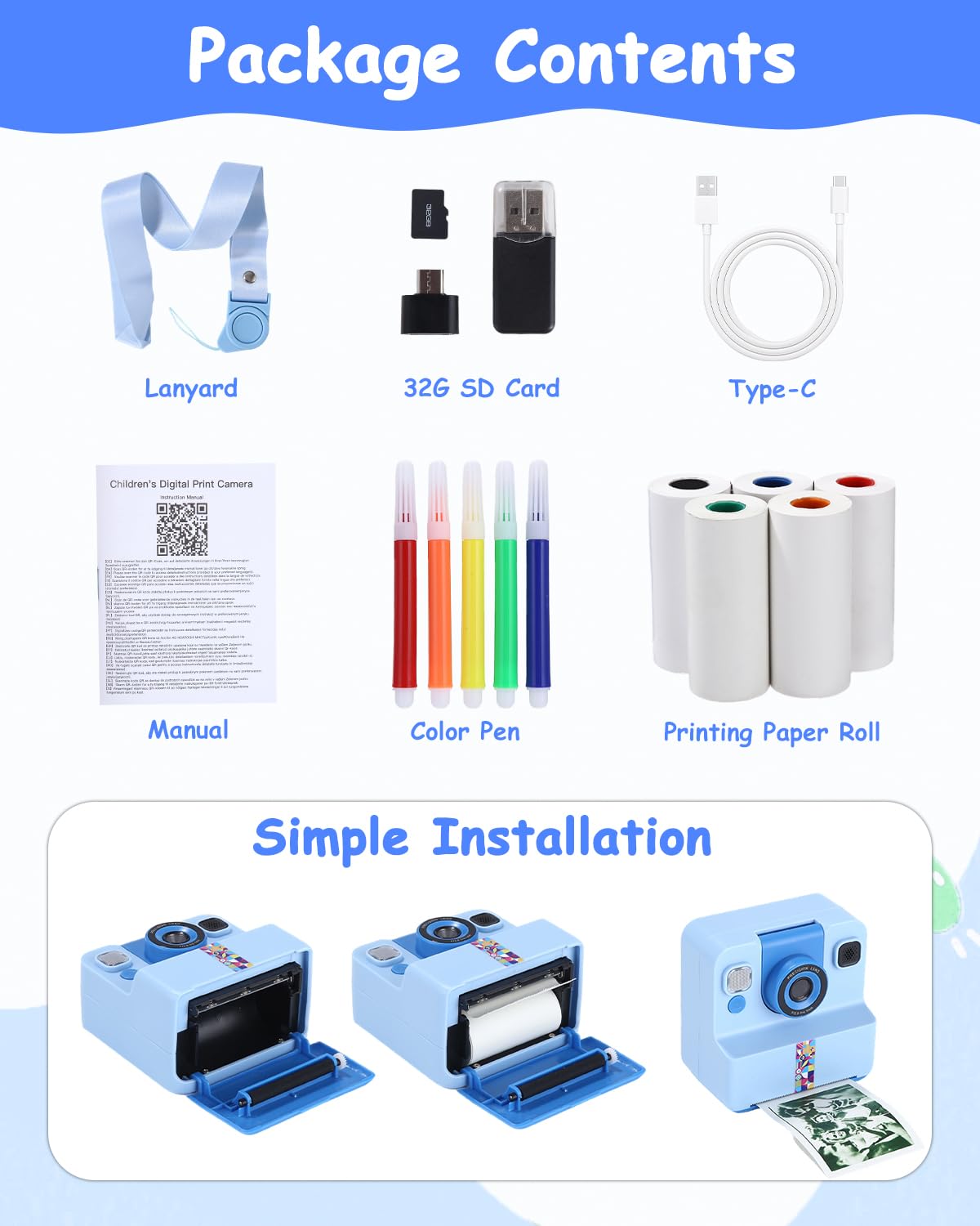 Cámara instantánea para niños, 1080P HD, cámara instantánea con impresión instantánea, tarjeta SD de 32 GB y 5 rollos de papel fotográfico, regalo para niñas y niños a partir de 3 – 12 años