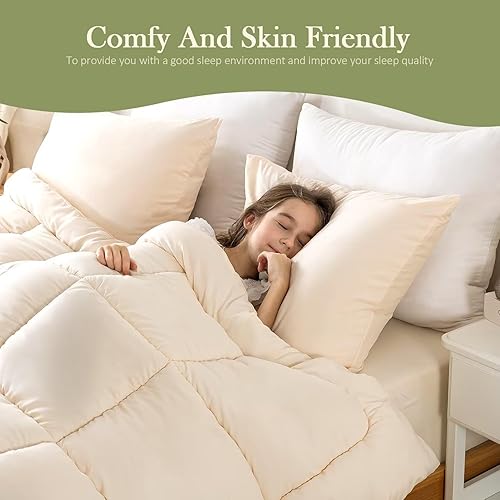 Miniatura 2 de WhatsBedding Juego de edredón tamaño Queen, juego de ropa de cama ligero de 3 piezas beige para todas las estaciones, juego de cama alternativo de