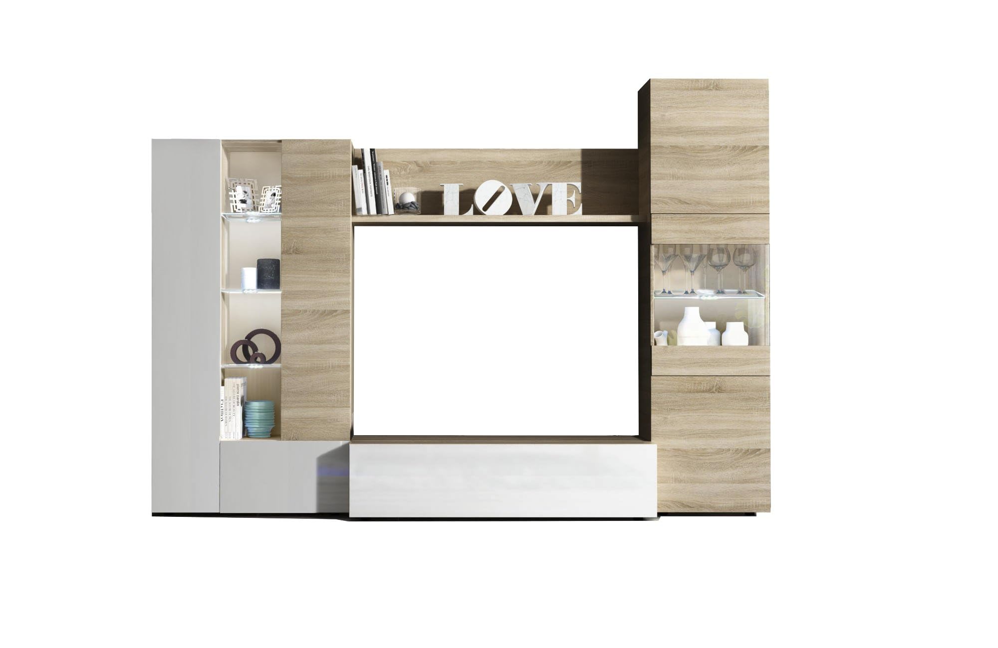 Habitdesign Modèle Essential Meuble TV compact 260 cm, finition chêne canadien et blanc brillant, dimensions : 185 x 260 x 42 cm (H x l x P).